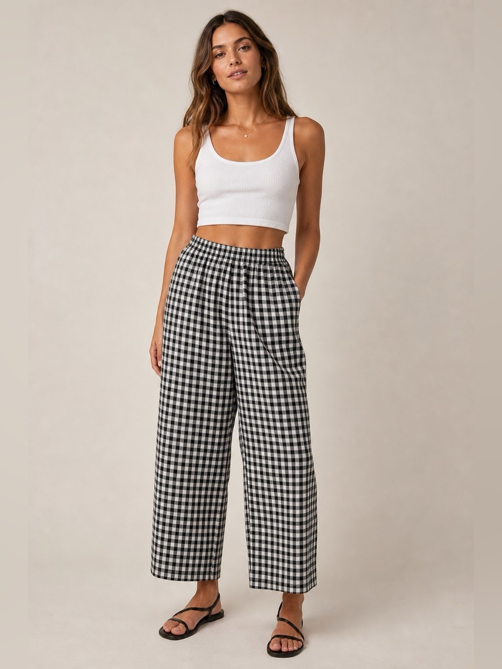 Hello Kitty Black and White Gingham Wide Leg Pants